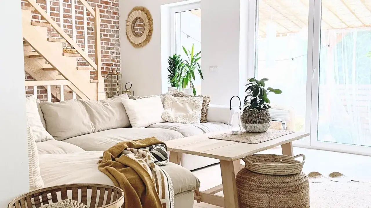 Jasny salon w stylu boho z beżową kanapą, drewnianymi schodami i ceglaną ścianą.