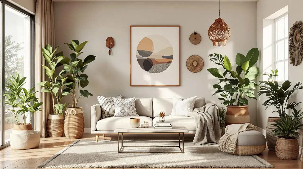 Przytulny salon w stylu scandi boho z dużą ilością zielonych roślin, jasną sofą i plecionymi dodatkami.