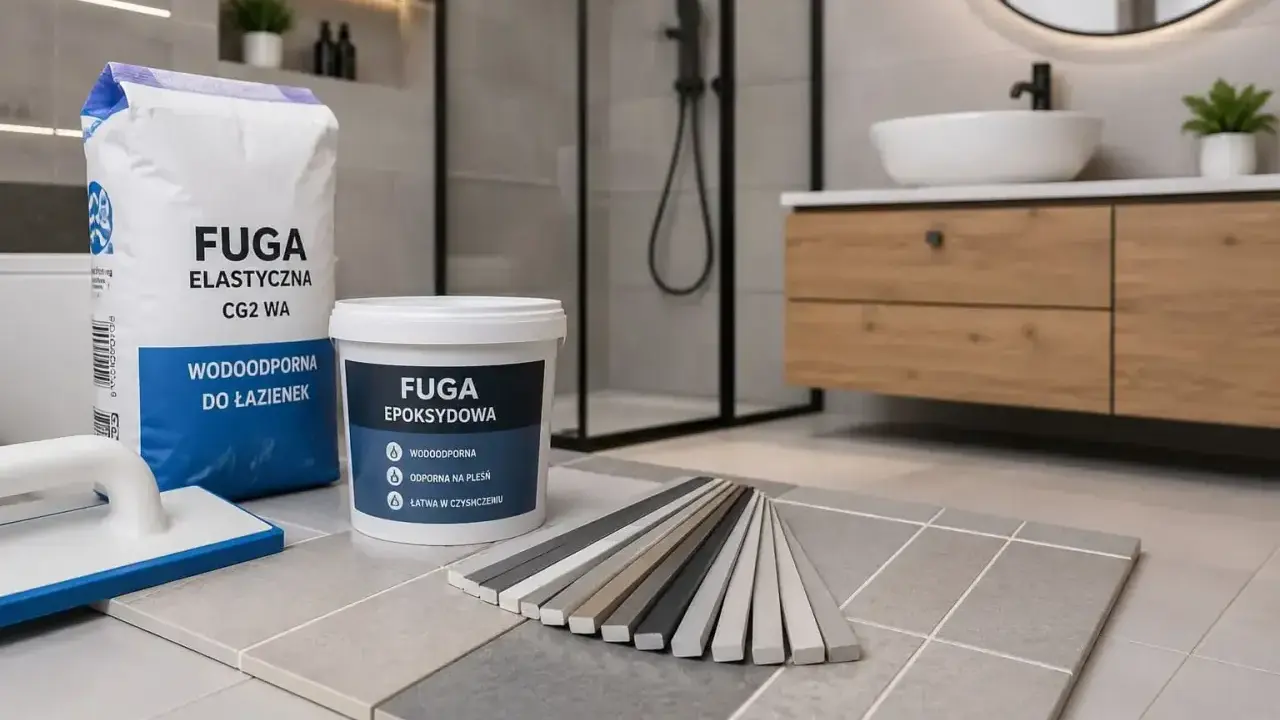 Wybierasz jaka fuga do łazienki? Na zdjęciu produkty: fuga elastyczna i epoksydowa, próbki kolorów i akcesoria do układania płytek.