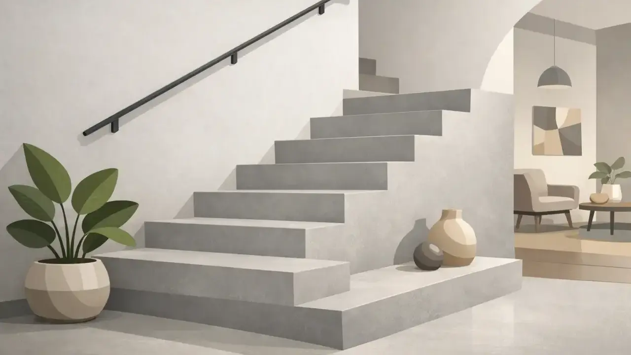 Nowoczesne schody z betonu architektonicznego, czyli co to jest mikrocement. Obok donica z rośliną i wazony.