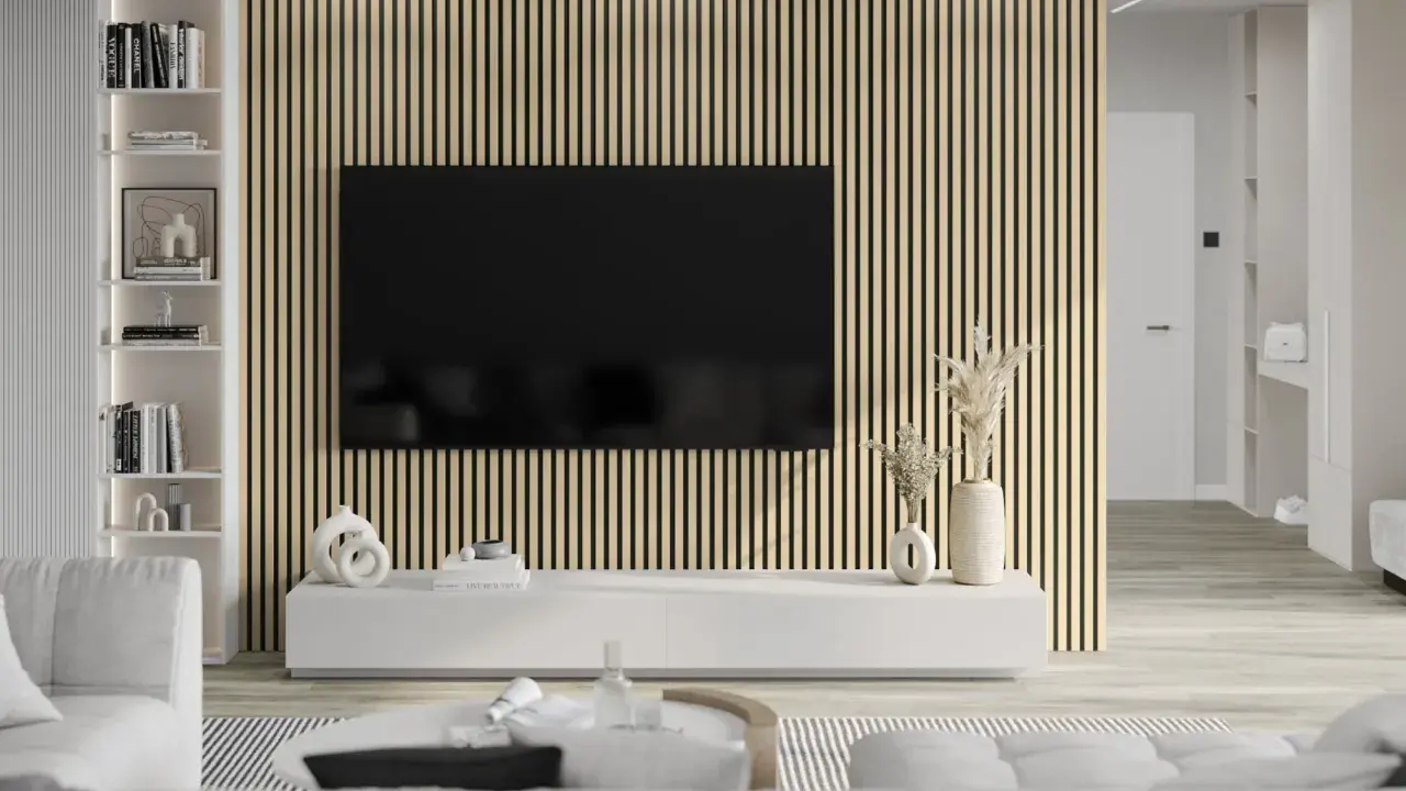 Nowoczesne lamele w salonie aranżacje tworzą przytulną atmosferę. Elegancka biel mebli i subtelne dodatki.