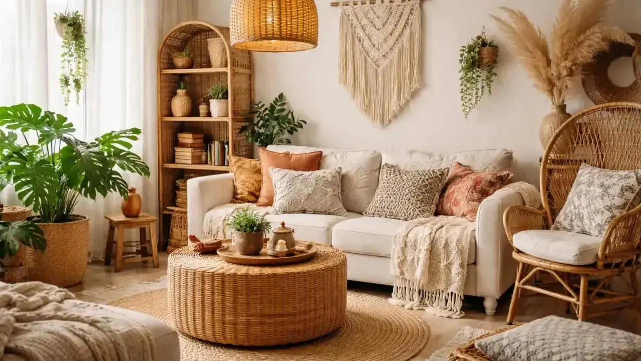 Przytulny salon w stylu boho. Wygodna sofa, wiklinowe meble, mnóstwo roślin i makrama tworzą relaksującą atmosferę.