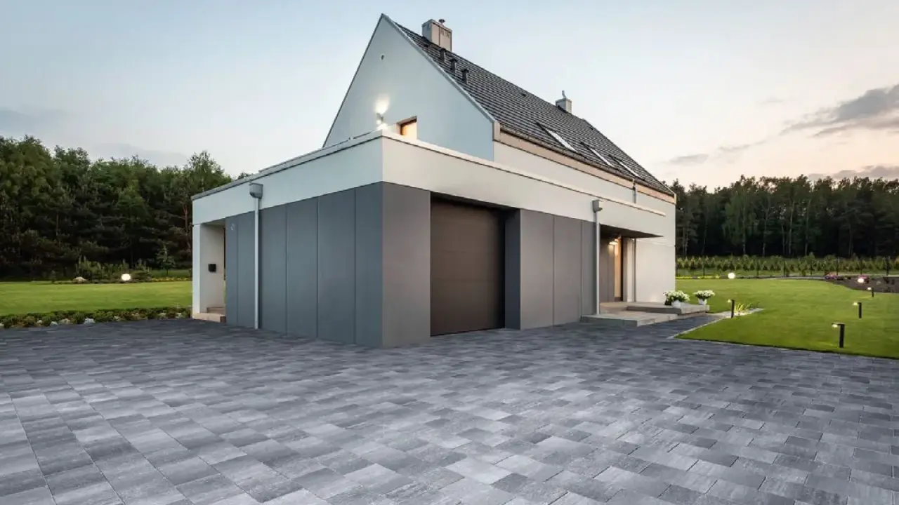 Nowoczesne projekty kostki brukowej wokół domu tworzą elegancką nawierzchnię podjazdu i tarasu, podkreślając architekturę.