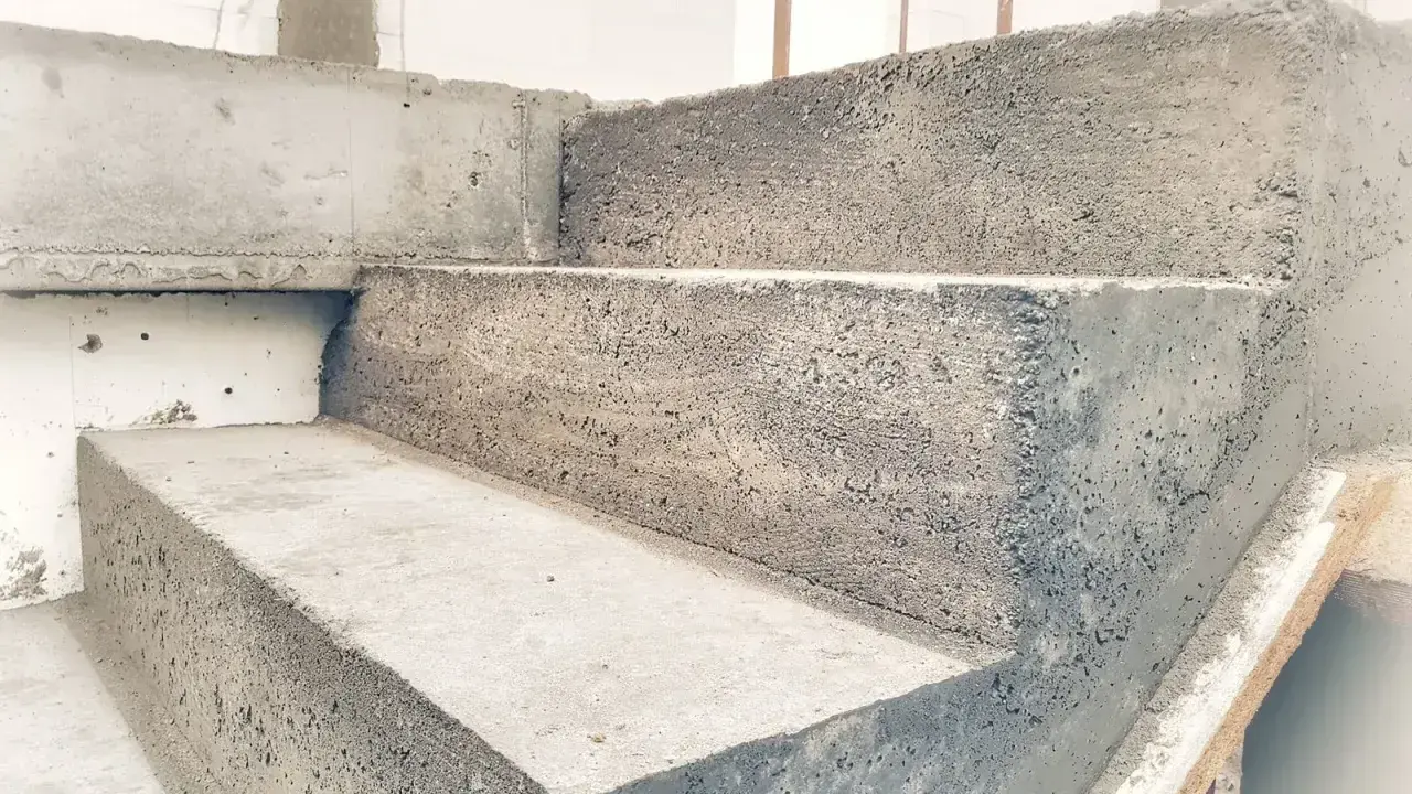 Surowe, betonowe stopnie schodowe w trakcie budowy. Solidna konstrukcja czeka na wykończenie.