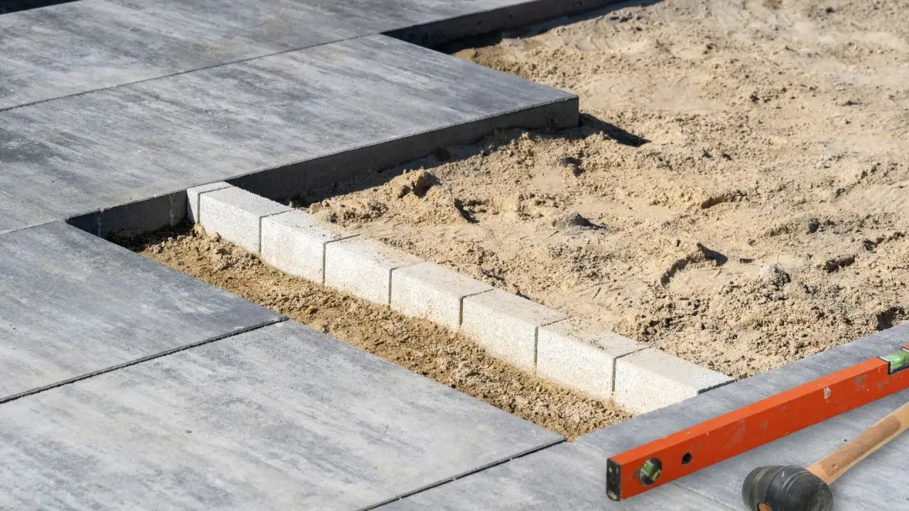 Budowa tarasu z płyt betonowych w toku. Widać układane płyty, podsypkę piaskową i obrzeża. Narzędzia budowlane leżą obok.