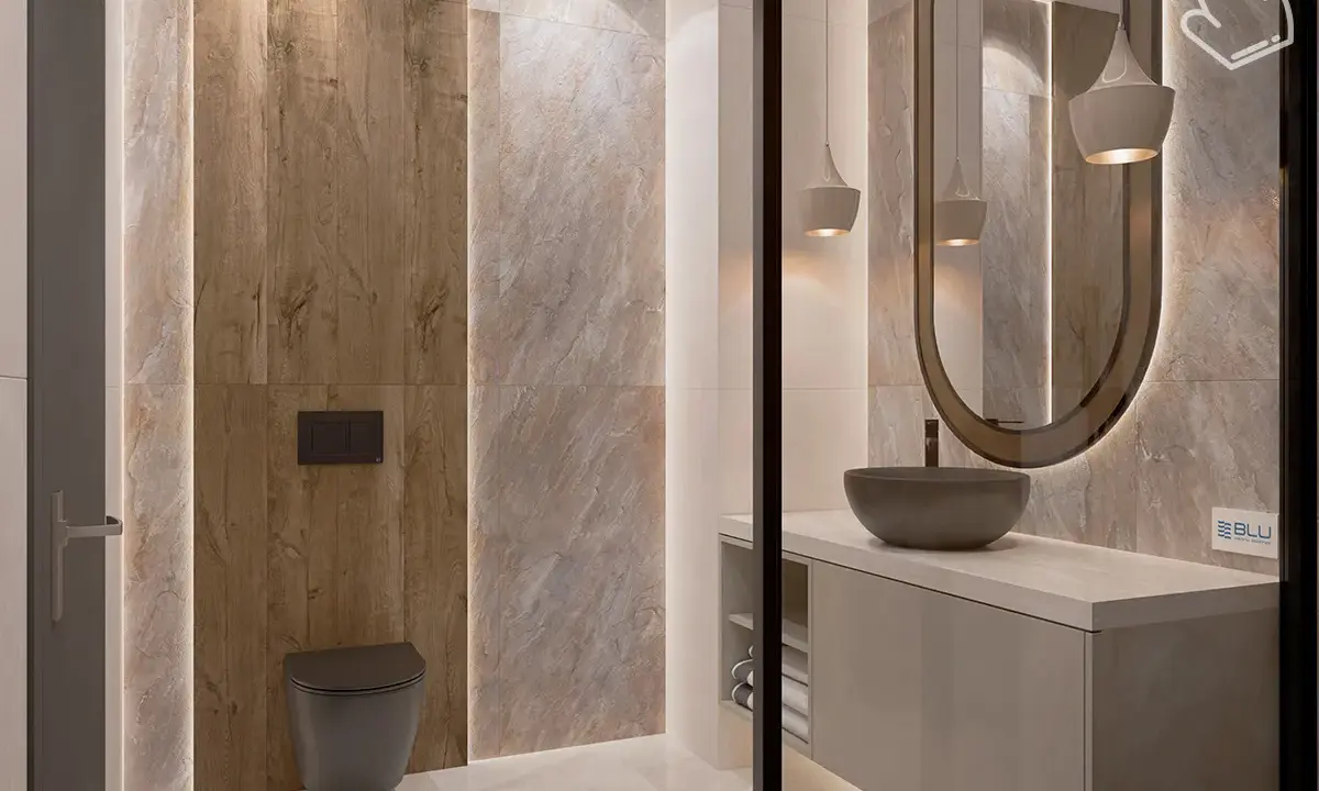 Nowoczesna łazienka z płytkami 120x60 ułożonymi pionowo, imitującymi drewno i kamień. Elegancka umywalka nablatowa i podwieszana miska WC.