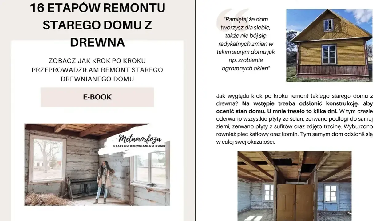 Remont starego domu z drewna: odsłonięcie konstrukcji. Wnętrze z widocznymi belkami i oknami, gotowe na metamorfozę.