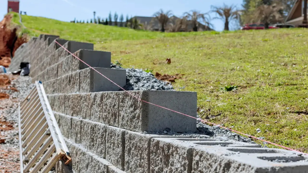 Budowa muru oporowego z bloczków betonowych, z drabiną i sznurkiem do poziomowania.