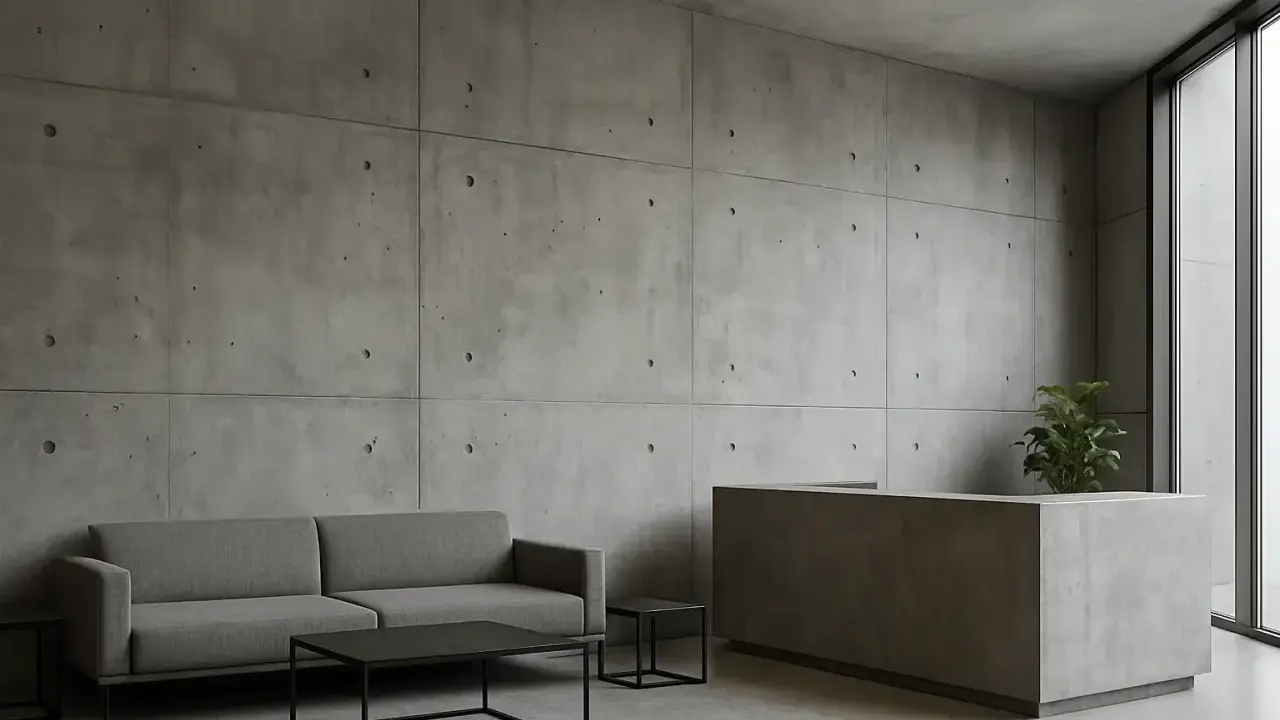 Nowoczesny salon z betonem architektonicznym. Sofa, stolik kawowy i recepcja tworzą minimalistyczną aranżację wnętrz.