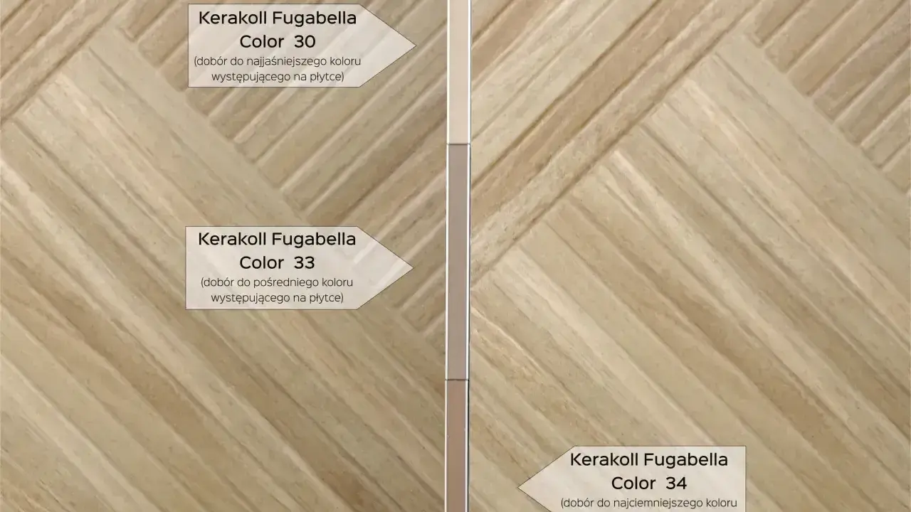 Wybór fugi do płytek drewnopodobnych: Kerakoll Fugabella w kolorach 30, 33 i 34, dopasowanych do odcieni płytek.