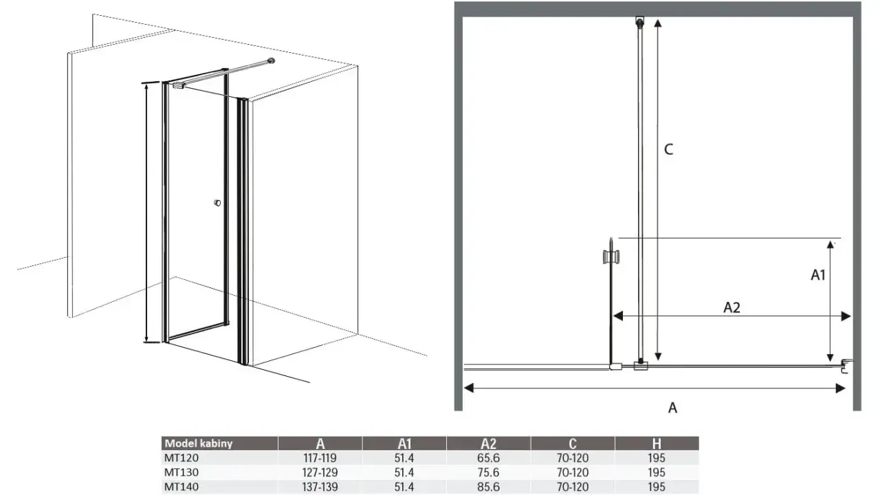 Kabina prysznicowa walk in GRANDE z wymiarami A, A1, A2, C, H. Tabela zawiera modele kabin i ich wymiary.