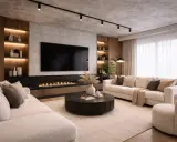 Nowoczesny salon z betonowym sufitem i szynowym oświetleniem. To świetny pomysł na sufit, który podkreśla industrialny charakter wnętrza.