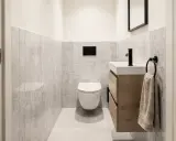 Nowoczesne, bardzo małe wc aranżacje z marmurowymi płytkami, podwieszaną miską WC i drewnianą szafką pod umywalkę.