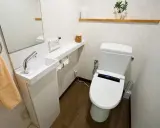 Kompaktowe małe wc z umywalką i nowoczesną deską myjącą. Obok stoi szczotka do toalety.