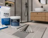 Wybierasz jaka fuga do łazienki? Na zdjęciu produkty: fuga elastyczna i epoksydowa, próbki kolorów i akcesoria do układania płytek.