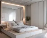 Minimalistyczna, mała sypialnia w bloku z podniesionym łóżkiem i dużym lustrem nad wezgłowiem. Jasne kolory i proste formy tworzą spokojną atmosferę.