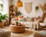 Przytulny salon w stylu boho. Wygodna sofa, wiklinowe meble, mnóstwo roślin i makrama tworzą relaksującą atmosferę.