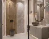 Nowoczesna łazienka z płytkami 120x60 ułożonymi pionowo, imitującymi drewno i kamień. Elegancka umywalka nablatowa i podwieszana miska WC.