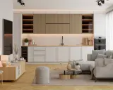 Mały salon z kuchnią aranżacje: jasne meble, szara sofa, drewniane akcenty i nowoczesne oświetlenie tworzą przytulną przestrzeń.