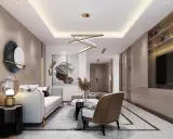 Nowoczesny sufit podwieszany w salonie z oświetleniem LED i designerską lampą. Wygodna sofa, fotel i stolik kawowy tworzą przytulną przestrzeń.