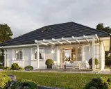 Nowoczesny dom 70m2 wnetrze z tarasem i pergolą, otoczony zielenią.