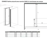 Kabina prysznicowa walk in GRANDE z wymiarami A, A1, A2, C, H. Tabela zawiera modele kabin i ich wymiary.