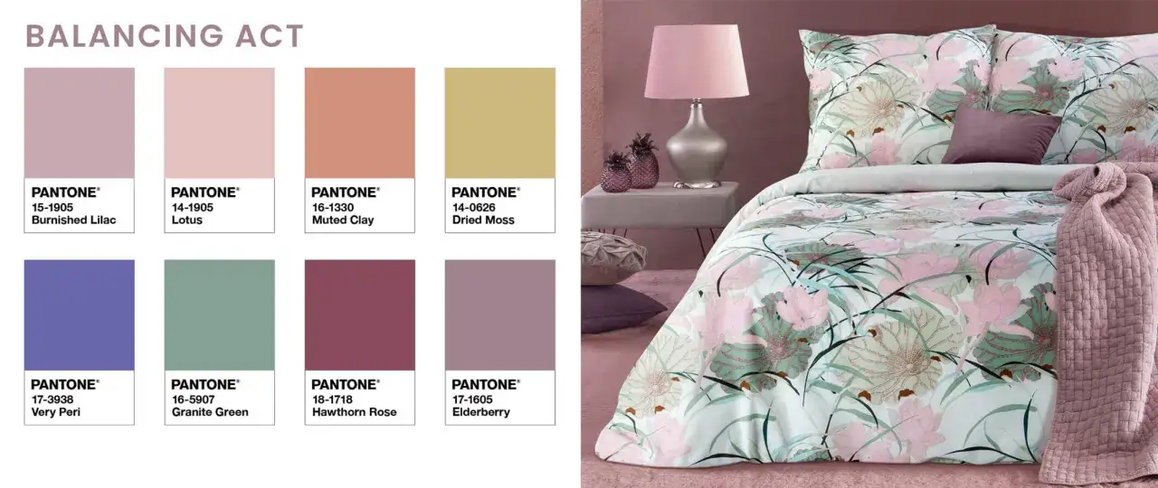 Sypialnia inspiracje kolory: pastelowa pościel z motywem kwiatowym i paleta barw Pantone, od Very Peri po Burnished Lilac.