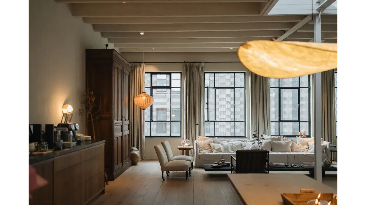 Przytulny salon w stylu wabi sabi. Drewniana komoda, wysoka szafa, jasna kanapa z poduszkami i okna z widokiem na miasto.