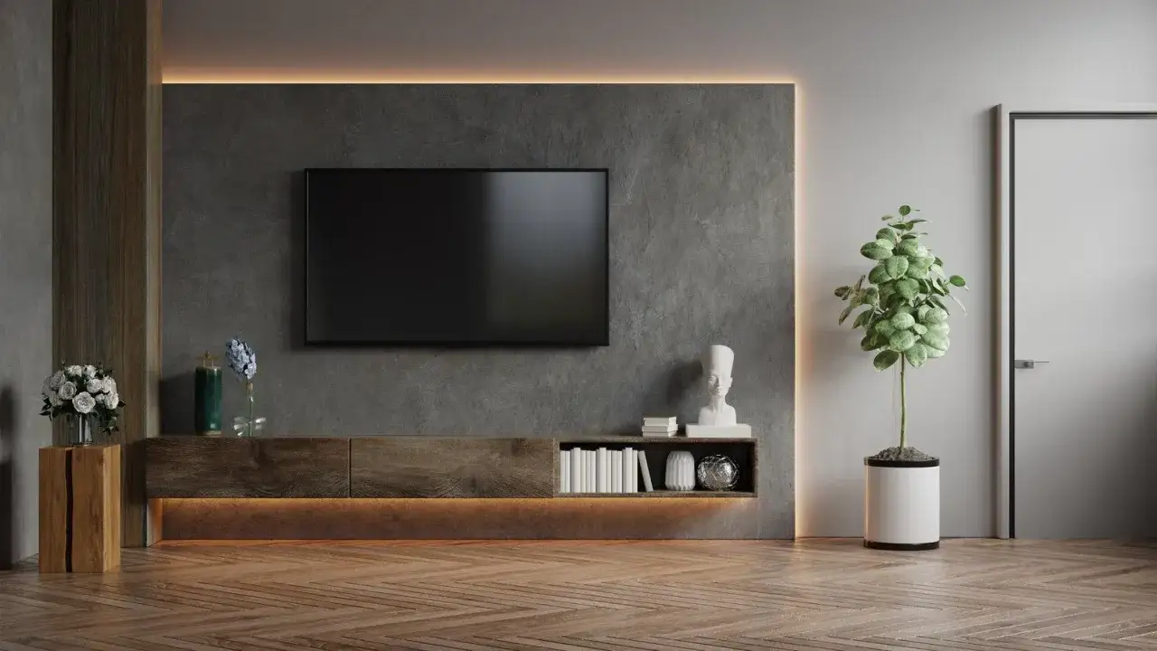 Nowoczesna ściana w salonie z telewizorem, drewnianą szafką RTV i oświetleniem LED. Obok stoi duża roślina w donicy.