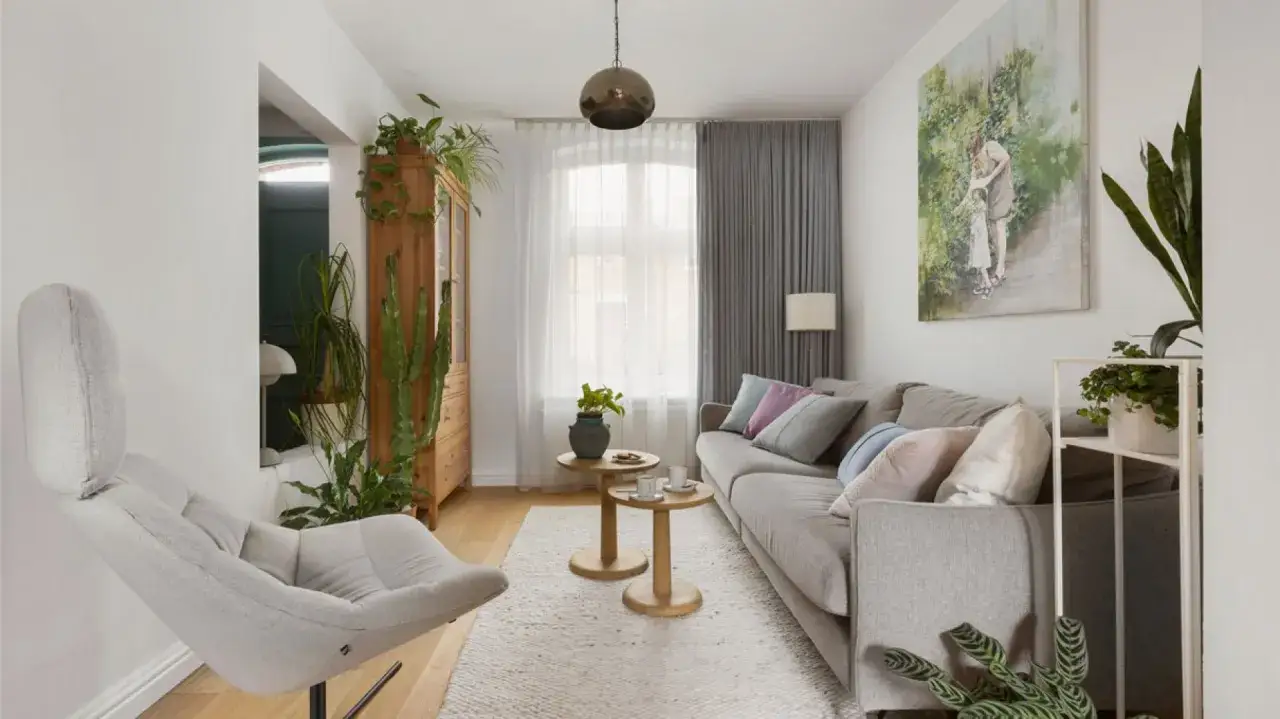Przytulny salon inspiracje: szara kanapa, wygodny fotel, drewniana komoda i mnóstwo zielonych roślin tworzą relaksującą atmosferę.