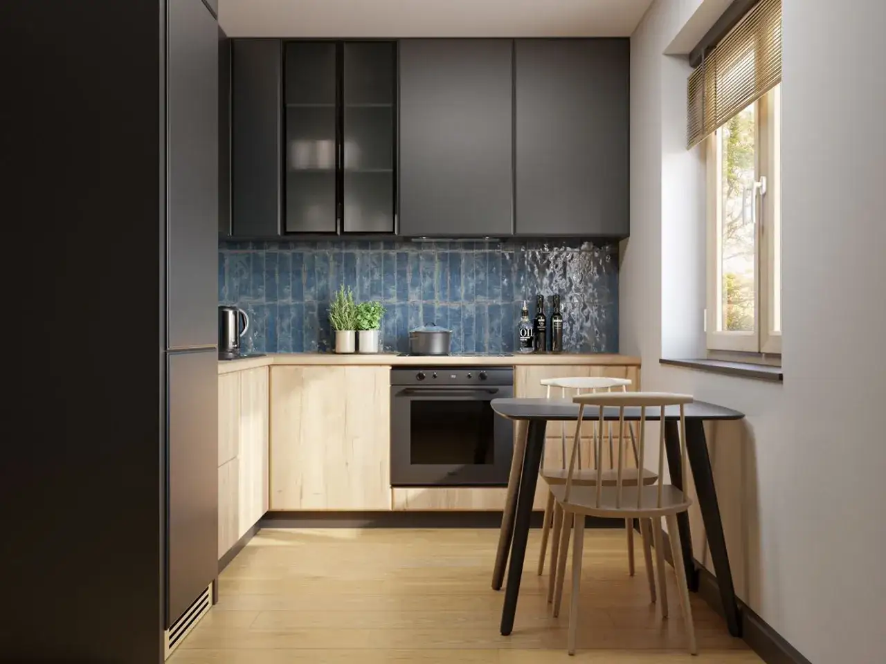 Mała kuchnia inspiracje: nowoczesne, ciemne szafki, drewniane fronty, niebieskie płytki i mały stolik z krzesłami.