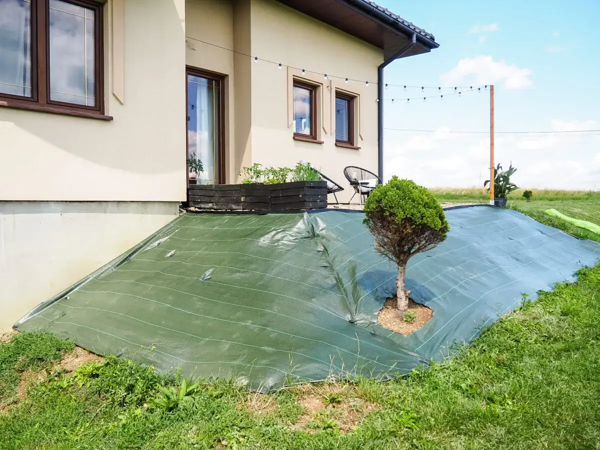 Wzmocnienie skarpy przed osuwaniem za pomocą zielonej agrowłókniny. Małe drzewko rośnie na zabezpieczonym terenie.
