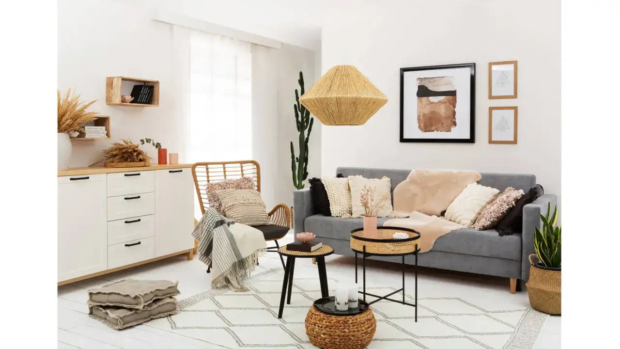 Przytulny salon w stylu scandi boho z szarą sofą, rattanowym fotelem, plecioną lampą i dekoracjami z naturalnych materiałów.