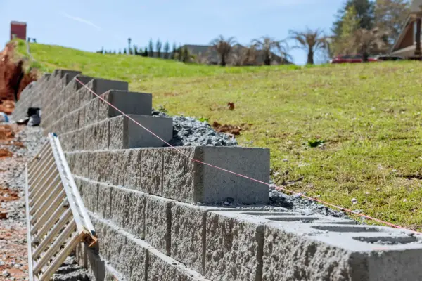 Budowa muru oporowego z bloczków betonowych, z drabiną i sznurkiem do poziomowania.