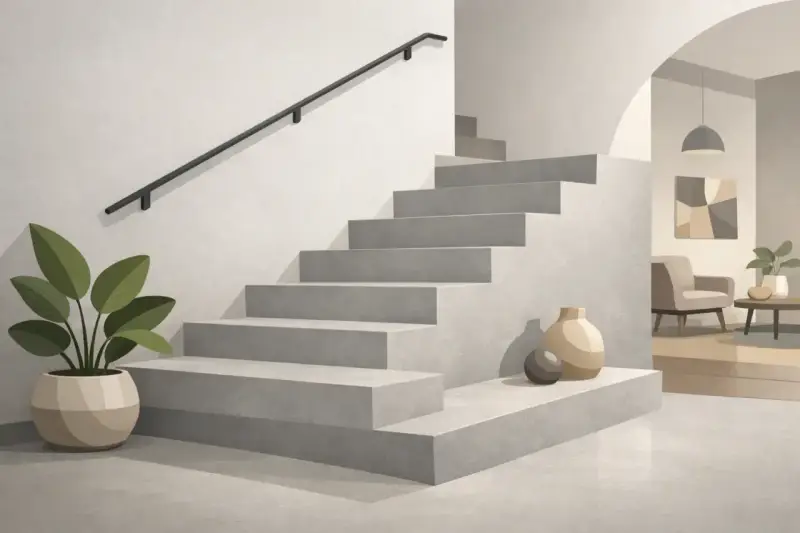 Nowoczesne schody z betonu architektonicznego, czyli co to jest mikrocement. Obok donica z rośliną i wazony.